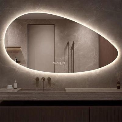 FZYUAN Irregular Bathroom Mirror with 3 Color LED Lights and Anti-Fog, Wall Mounted LED Lighted Backlit Mirror Asymmetrical Makeup Mirror Vanity Mirror Wall Mirror for Bathroom Entrance,100x60cm/392