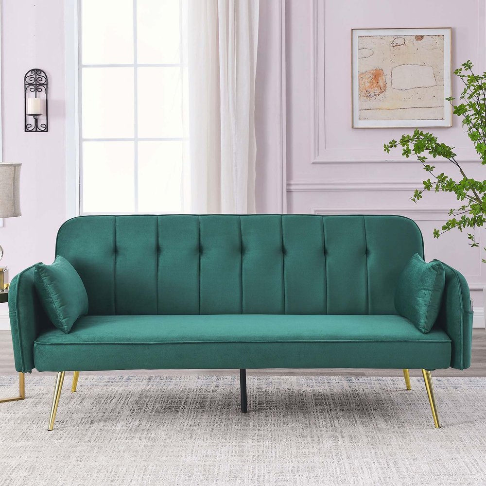 Anwick 72.5" Convertible Futon Couch Bed,Velvet Sleeper Sofa with Storage Side Pockets and Golden Metal Legs for Living Room Bedroom Small Rooms,Pillows and Center Support Leg (Green-Round)