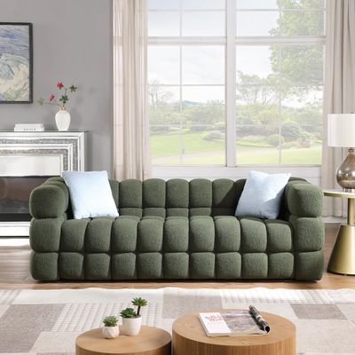 3-Seater Modern Bubble Sofa Cloud Couch with 2 Pillows, Boucl Fabric Comfy Couch, Decor Furniture for Small Spaces Living Room Bedroom Office Apartment-Olive Green