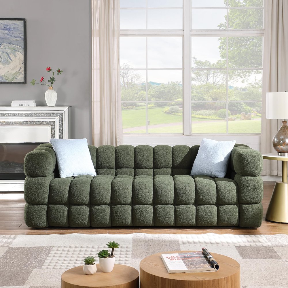 3-Seater Modern Bubble Sofa Cloud Couch with 2 Pillows, Boucl Fabric Comfy Couch, Decor Furniture for Small Spaces Living Room Bedroom Office Apartment-Olive Green