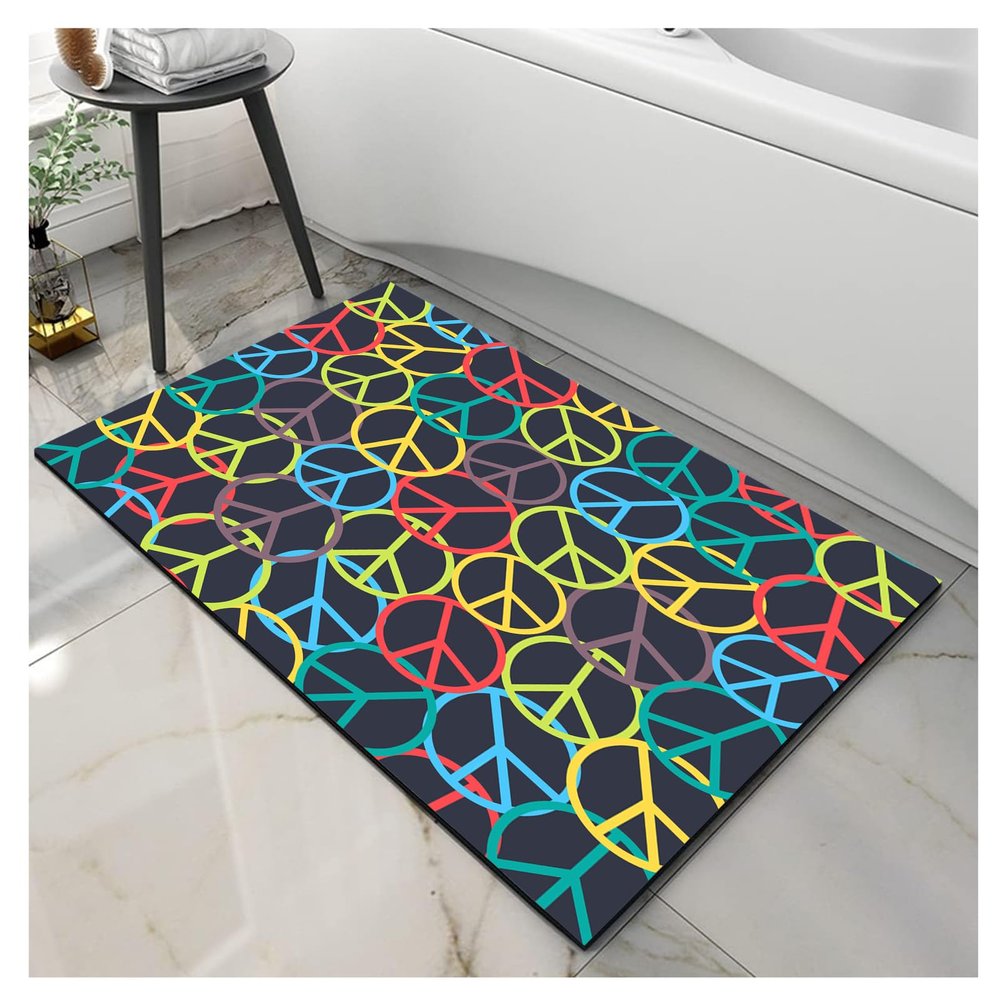 NEVKA Diatomaceous Earth Bath Mat, Rug for Bathroom Quick Dry Bathtub Mat, Non Slip Bathroom Rugs Stone Bath Mat Washable(2x3ft/24x36in/60x90cm, Colorful Peace Symbol Pattern, Black Background)