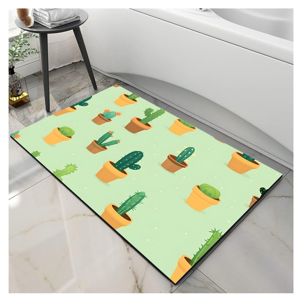NEvka Stone Bath Mat, Green Cactus Diatomaceous Earth Bath Mat Stone - Non-Slip Stone Bath Mats for Bathroom, Fast-Drying Stone Bath Mat, Diatomaceous Earth Bath Stone Mat, Stone Shower Mat (3x5ft)