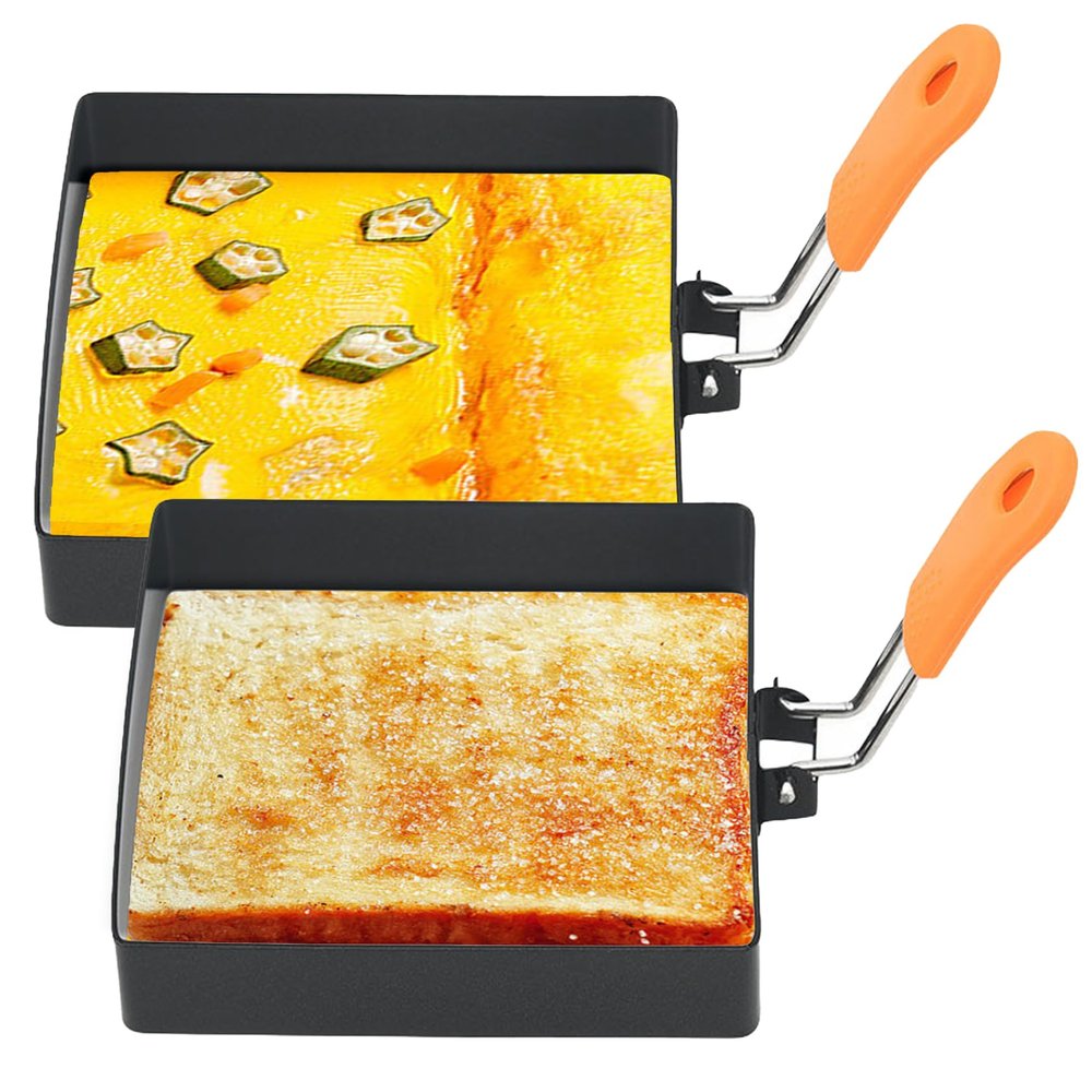 Egg Ring 2Pcs Non-Stick 4 Inch Heart Shaped Egg Rings for Frying Eggs with Silicone Handle, Stainless Steel Egg Mold for Breakfast Sandwiches Griddle Crumpet 2 Egg Mold Fried Egg Molds Square Eg