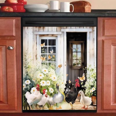 Farmhouse Animal Rooster and Goose Funny Kitchen Decor Dishwasher Panel Cover,Watercolor Flower Spring Scenery,Vintage Cock Duck Magnet Dishwasher,Rooster Sticker 23"x26"