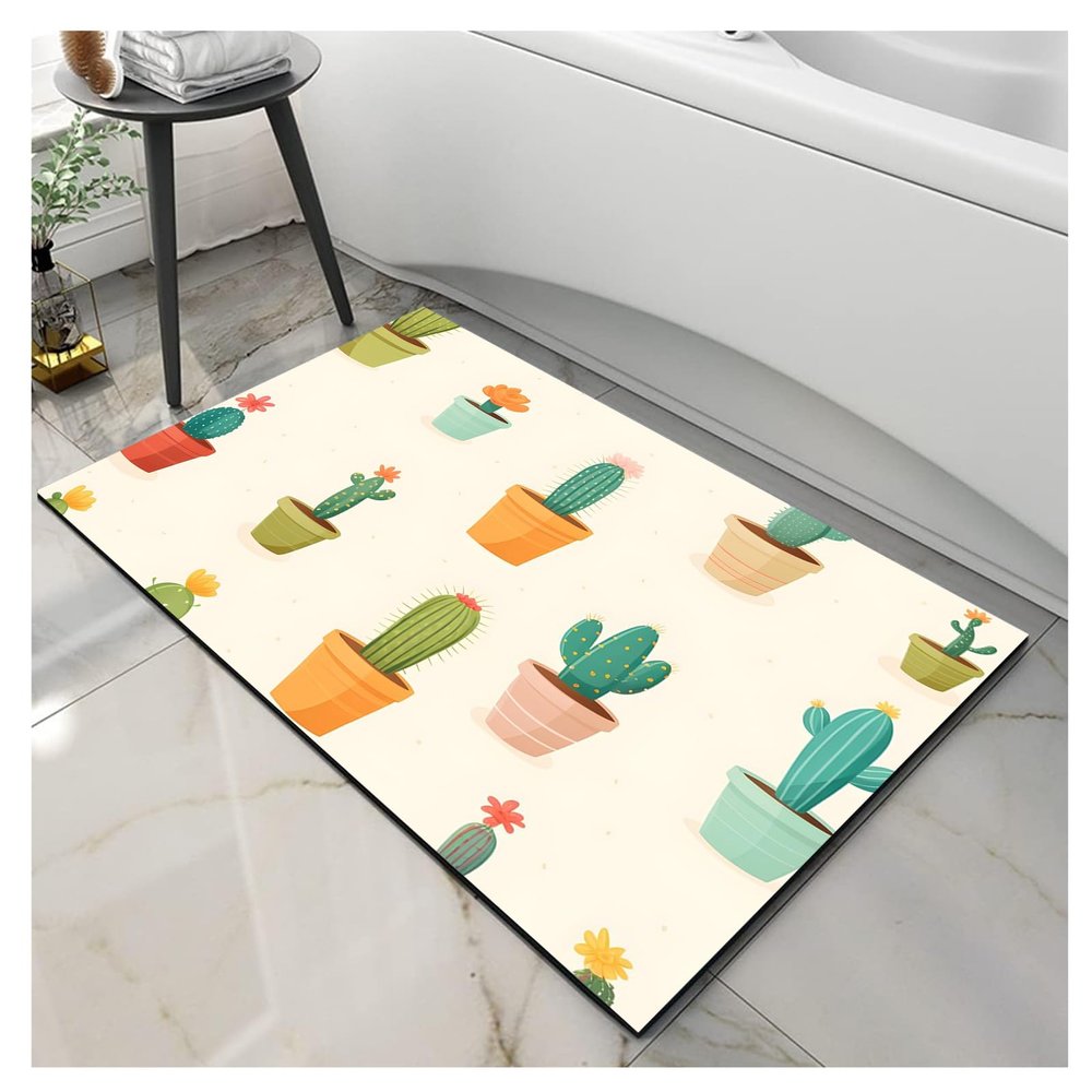 NEVKA Multiple Cactus Patterns Stone Bath Mat,4x6ft/48x72in/120x180cm, Beige Fast Drying Diatomaceous Earth Bath Mat, Non Slip Water Absorbent Shower Mat Easy to Clean