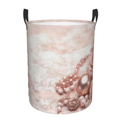 Blush Pink Rose Gold print Laundry Basket Waterproof Laundry Hamper with Handle Collapsible Organizer Basket Circular portable Storage Bin for Kitchen Living Room Bathroom Closet Car