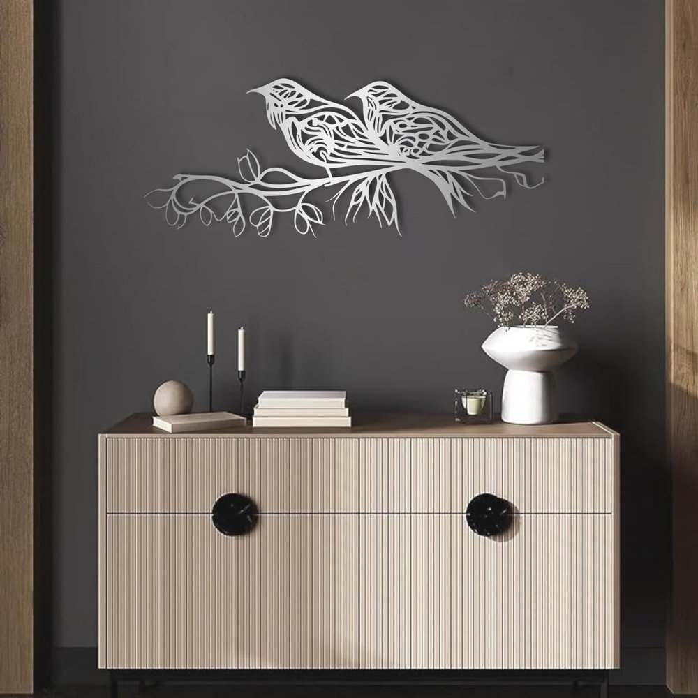 Metal Birds Wall Art-Minimalist Birds Wall Decor, Birds on Branch Metal Wall Decor, Metal Wall Art Birds, Birds Wall Art, Metal Sign Birds, Wall Art for Living Room, Housewarming Gift (25"x 9"| 64x25cm, Sliver)