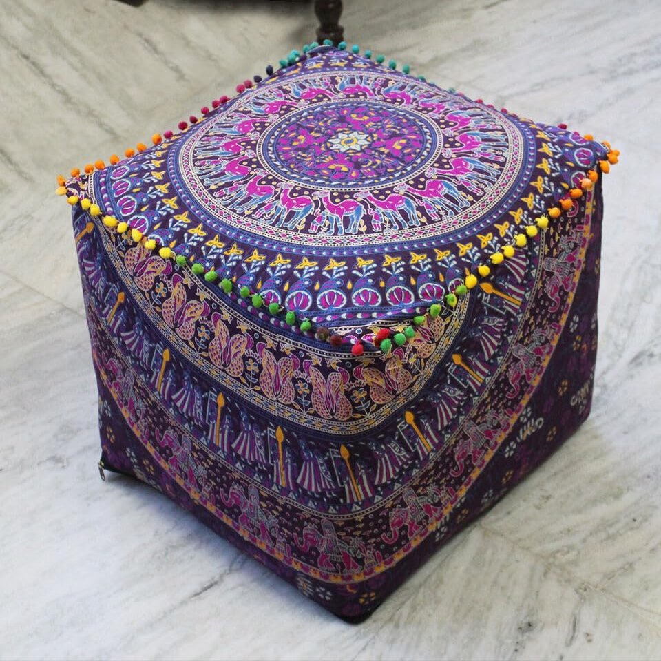 Alia Enterprises Indian Handmade Mandala | Square Ottoman Pouf Cover | Footstool Seating (Floral Mandala, 18x18x18)
