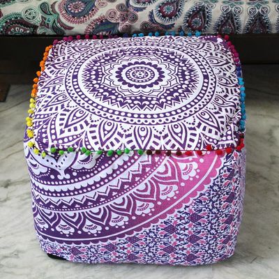 Alia Enterprises Indian Handmade Mandala | Square Ottoman Pouf Cover | Footstool Seating (Pink Ombre Mandala, 18x18x14)
