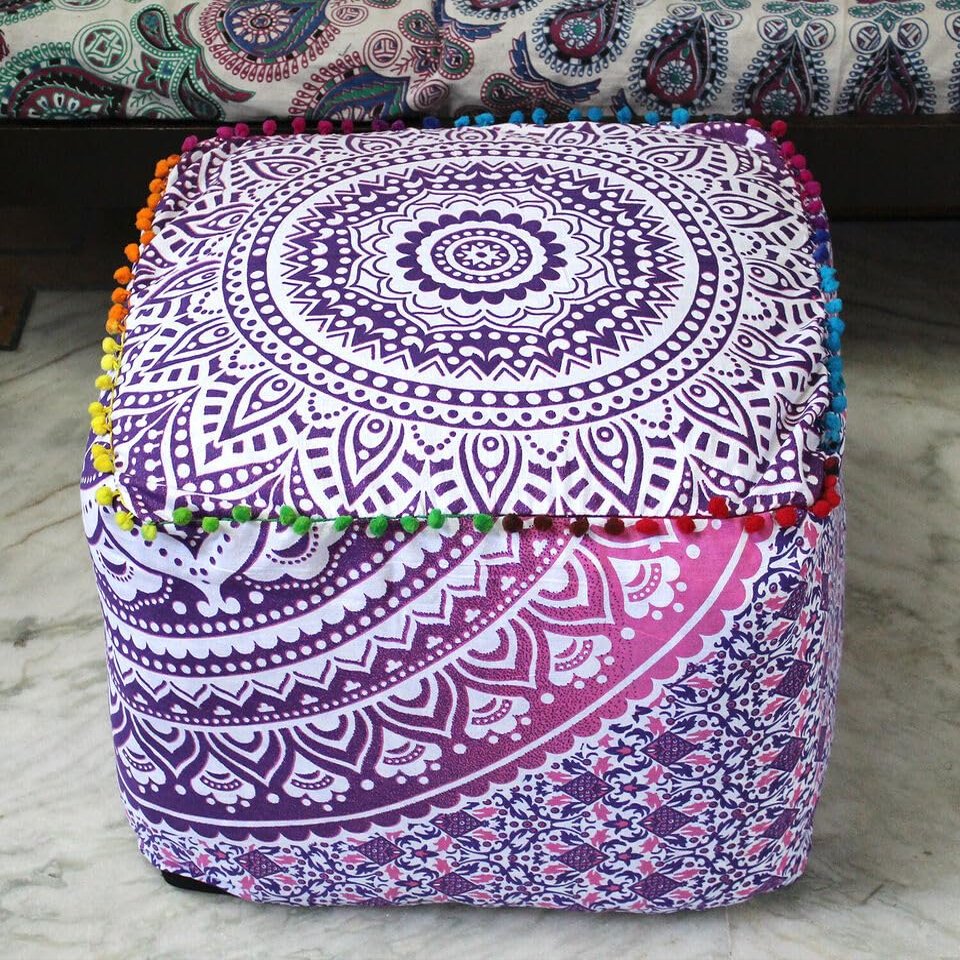 Alia Enterprises Indian Handmade Mandala | Square Ottoman Pouf Cover | Footstool Seating (Pink Ombre Mandala, 18x18x14)
