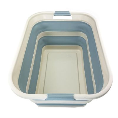 SAMMART 42L (11.09 Gallons) Collapsible Plastic Laundry Basket - Foldable Pop Up Storage Container/Organizer - Portable Washing Tub - Space Saving Hamper/Basket (1, Grey/Sterling Blue)