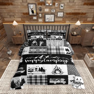 Camper Adventure Comforter Set Twin Size,Happy Camping Plaid RV Inside Decor Bedding Set for Kids Boys Men,Arrow Hunt Cabin Rustic Farm Check Quilted Duvet Set with 1 Pillowcase