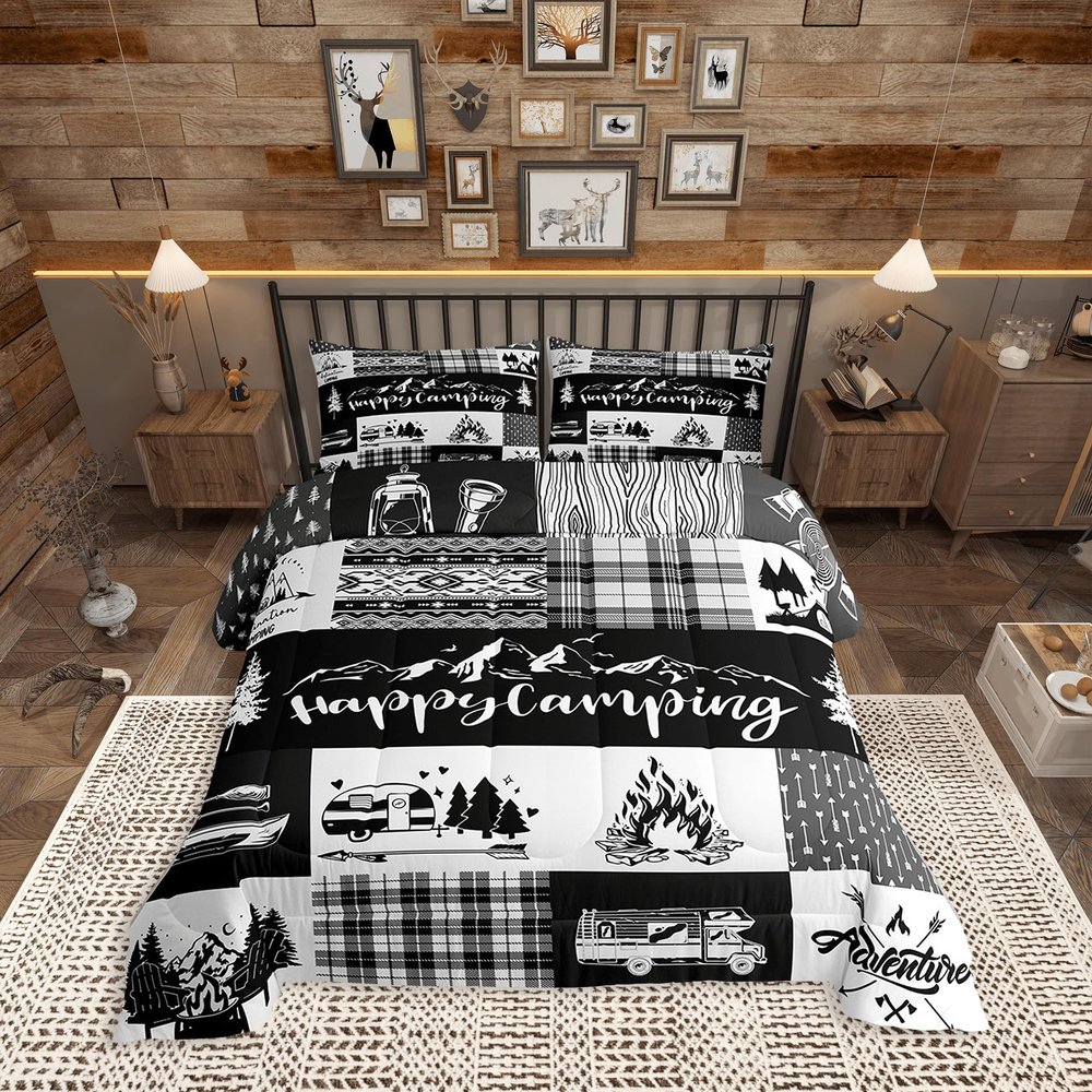 Camper Adventure Comforter Set Twin Size,Happy Camping Plaid RV Inside Decor Bedding Set for Kids Boys Men,Arrow Hunt Cabin Rustic Farm Check Quilted Duvet Set with 1 Pillowcase