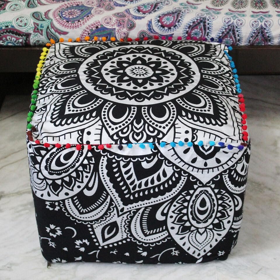 Alia Enterprises Indian Handmade Mandala | Square Ottoman Pouf Cover | Footstool Seating (Black Silver Mandala, 22x22x22)