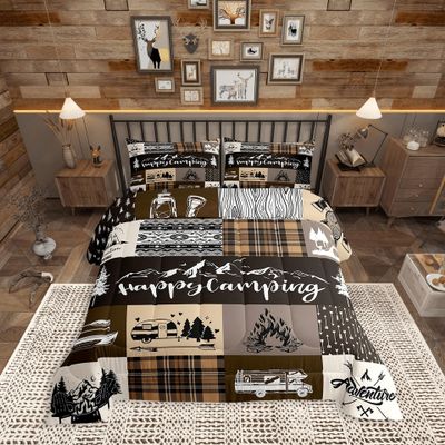 Happy Camping Comforter Set King Size,RV Camper Adventure Tent Patchwork Bedding Set All Season Quilt Set,Rustic Farmhouse Lake Cabin Brown Check Microfiber Polyester Down Comforter