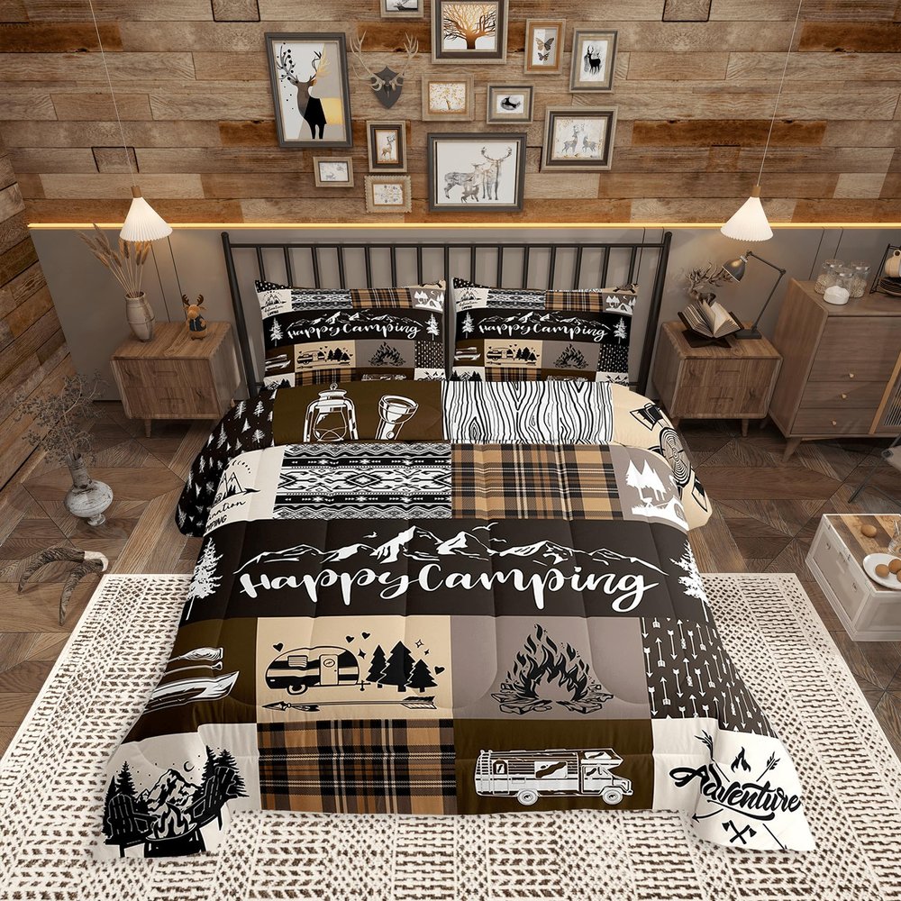 Happy Camping Comforter Set King Size,RV Camper Adventure Tent Patchwork Bedding Set All Season Quilt Set,Rustic Farmhouse Lake Cabin Brown Check Microfiber Polyester Down Comforter