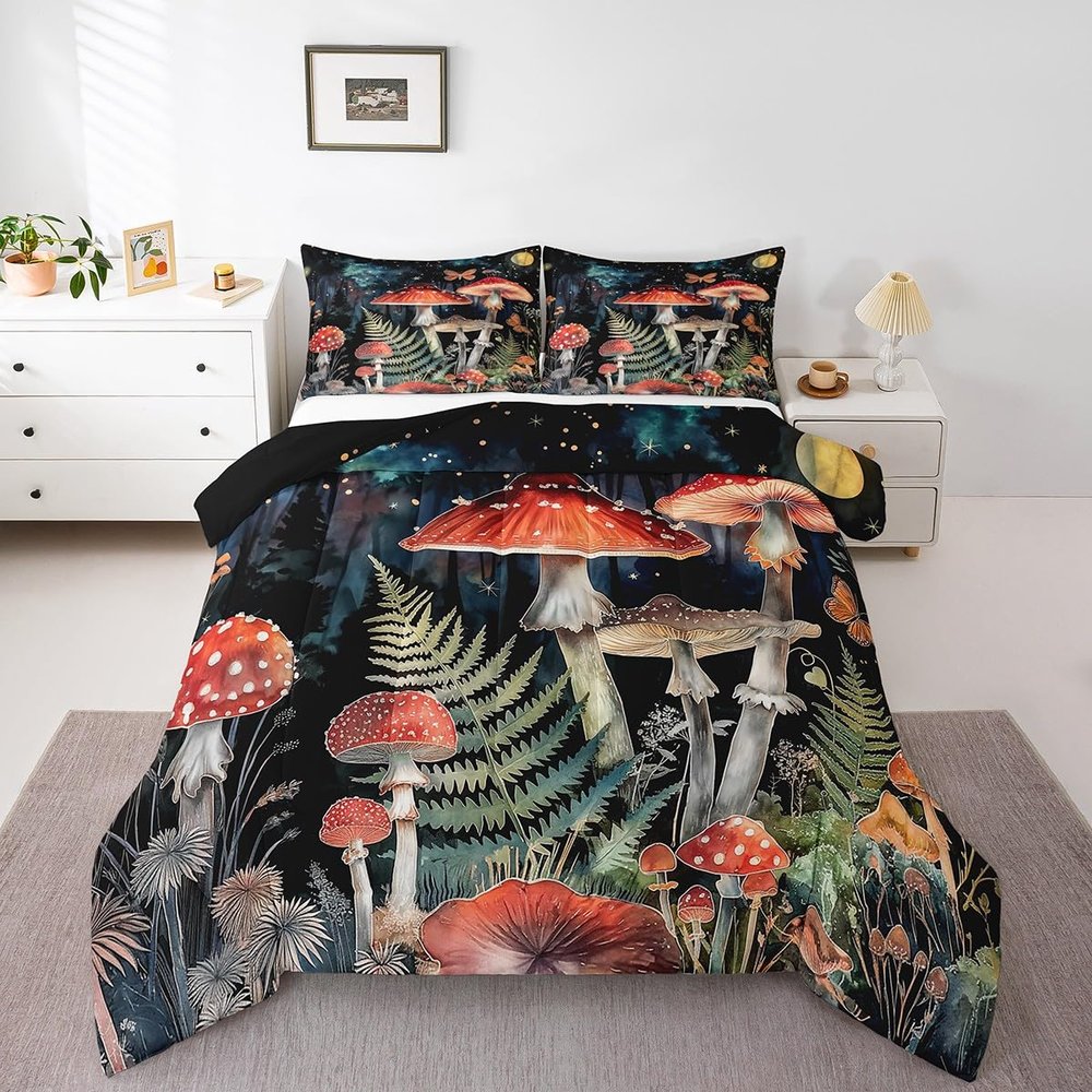 Erosebridal Mushroom Twin Bedding Set for Kids Boys Girls Nature Wild Fungus Mushroom Comforter Set,Rustic Farmhouse Butterfly Comforter Set Bedroom Decor,Glitter Galaxy Bed Set 2Pcs