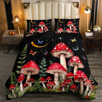Erosebridal Cute Mushroom Comforter Set Red Black Mushroom Queen Bedding Set for Girls Boys Kids,Wild Fungus Nature Comforter Set Plant Leaves Room Decor Glitter Galaxy Butterfly Bed Set 3Pcs
