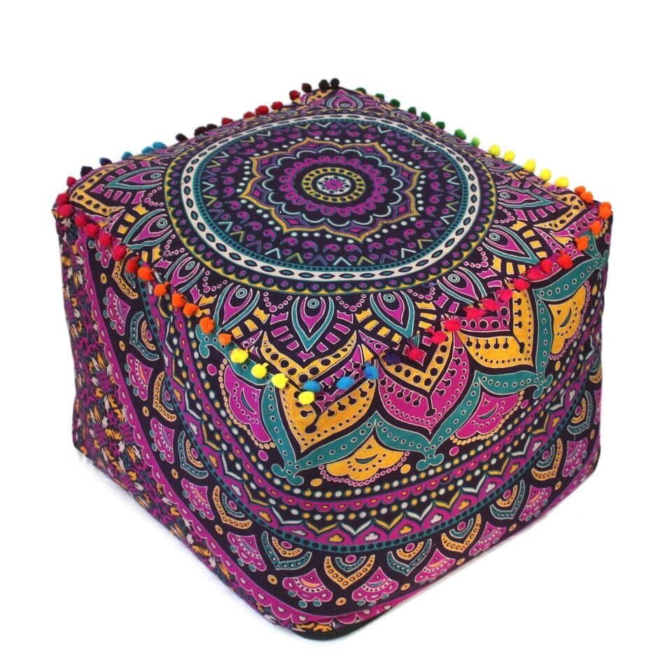 Alia Enterprises Indian Handmade Mandala | Square Ottoman Pouf Cover | Footstool Seating (Multi Ombre Mandala, 18x18x14)