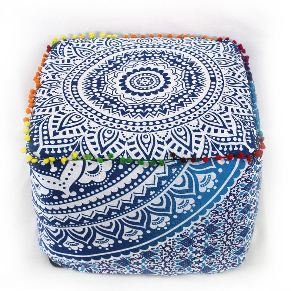 Alia Enterprises Indian Handmade Mandala | Square Ottoman Pouf Cover | Footstool Seating (Blue Ombre Mandala, 22x22x22)