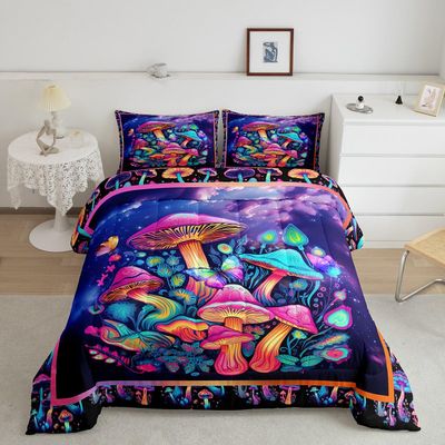 Erosebridal Neon Mushroom Full Size Comforter Set Plant Fungus Trippy Bedding Set for Girls Boys Kids,Pink Teal Purple Gradient Galaxy Psychedelic Bedding Set,Colorful Butterfly Quilt Duvet Set 3Pcs