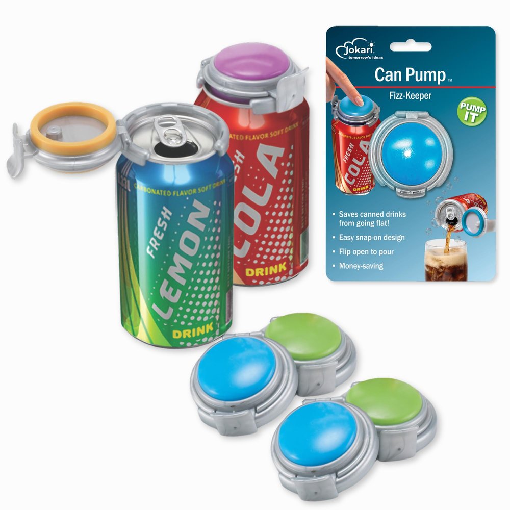Jokari 2 Click Fizz Keeper Pump and Pour for 12oz Cans 4 Pack Carbonation Preserver with Pump Top for Soda Beer and Seltzer Airtight Spillproof Can Cap for Freshness and Travel Use