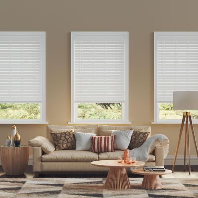2.5 Inch Cordless Faux Wood Blind, 64.25" W x 72" L - White Plantation Style Venetian Blinds, Over 400 Custom Sizes Starting at 29.97, Room Darkening Shades for Interior Windows by Lumino