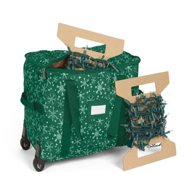 Covermates Keepsakes Rolling Christmas Light Storage Bag Heavy-Duty 600D Polyester with Reels, Wheels, Carry Handles & ID Window Holiday Light Organizer, Green Snowflake