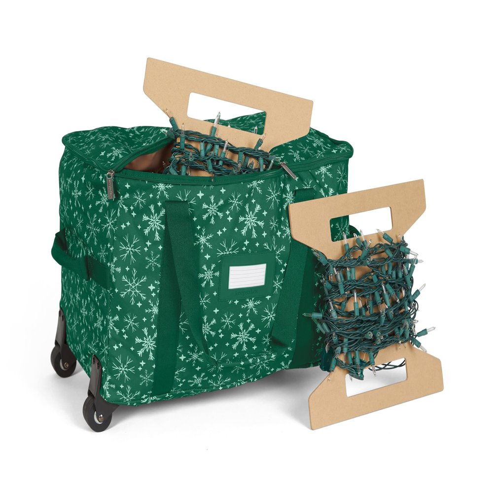 Covermates Keepsakes Rolling Christmas Light Storage Bag Heavy-Duty 600D Polyester with Reels, Wheels, Carry Handles & ID Window Holiday Light Organizer, Green Snowflake