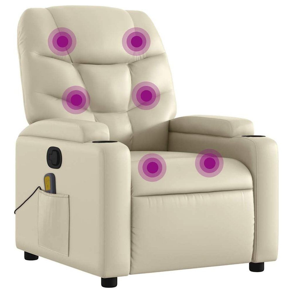 vidaXL Cream Leather Recliner Chair with 6-Point Vibration Massage, Adjustable Backrest & Footrest, Cup Holders, Side Pocket, Padded Seat, Perfect for Living Room or Home Theater Seating