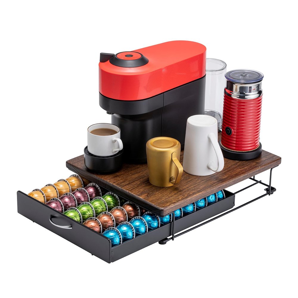 Flagship for Nespresso Pod Holder Vertuo Pod Drawer Coffee Pod Storage for Vertuo Pod with Elegant Wood Top(50 Pods Capacity)