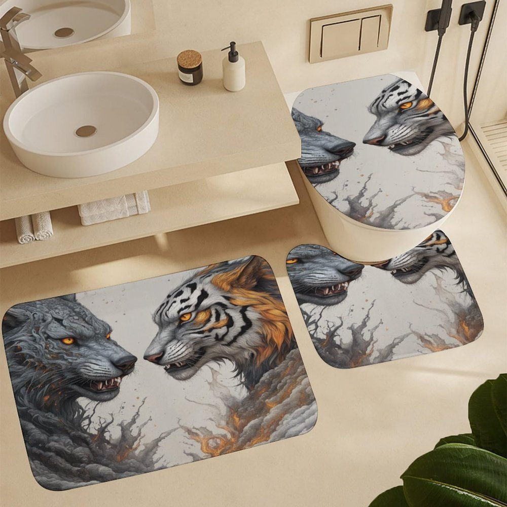 ZGDPBYF Wild Animals Bathroom Mats Rugs Sets 3 Piece, Mandala Wolf Confrontation Dry Bath Mat Rugs for in Front of Bathtub,Shower Room,Sink,Kitchen