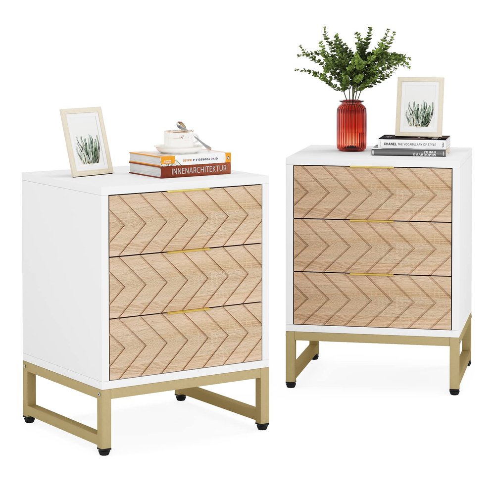 LITTLE TREE 3-Drawer Nightstand Set of 2 Bedside Tables with Unique Zig Zag Design for Bedroom, Living Room