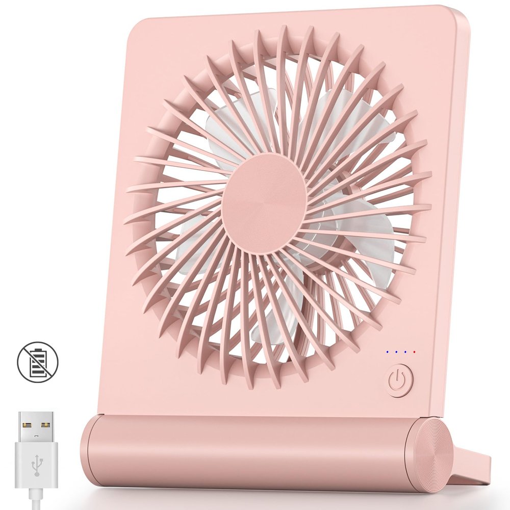 Koonie USB Fan, Strong Wind Ultra Quiet Small Desk Fan 220 Tilt Folding 3 Speeds Adjustable USB-C Powered Personal Fan for Home Office Desktop, Pink, NO BATTERY