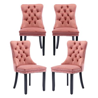 MZDOO Pink Velvet Dining Chairs Set of 4, Tufted Upholstered Dining Room Chairs with Back Ring Pull, Nailhead Trim and Solid Wood Legs, Modern Dining Chairs for Dining Room, Kitchen,Pink