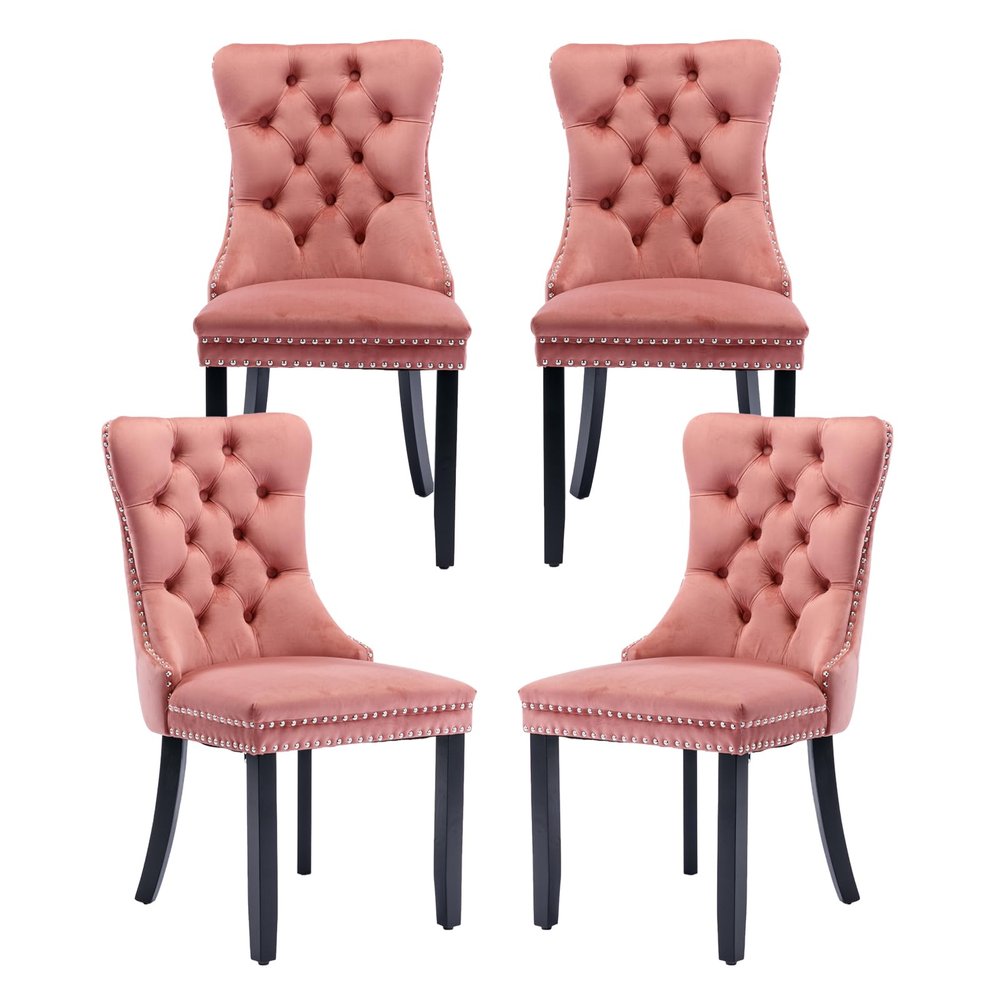 MZDOO Pink Velvet Dining Chairs Set of 4, Tufted Upholstered Dining Room Chairs with Back Ring Pull, Nailhead Trim and Solid Wood Legs, Modern Dining Chairs for Dining Room, Kitchen,Pink