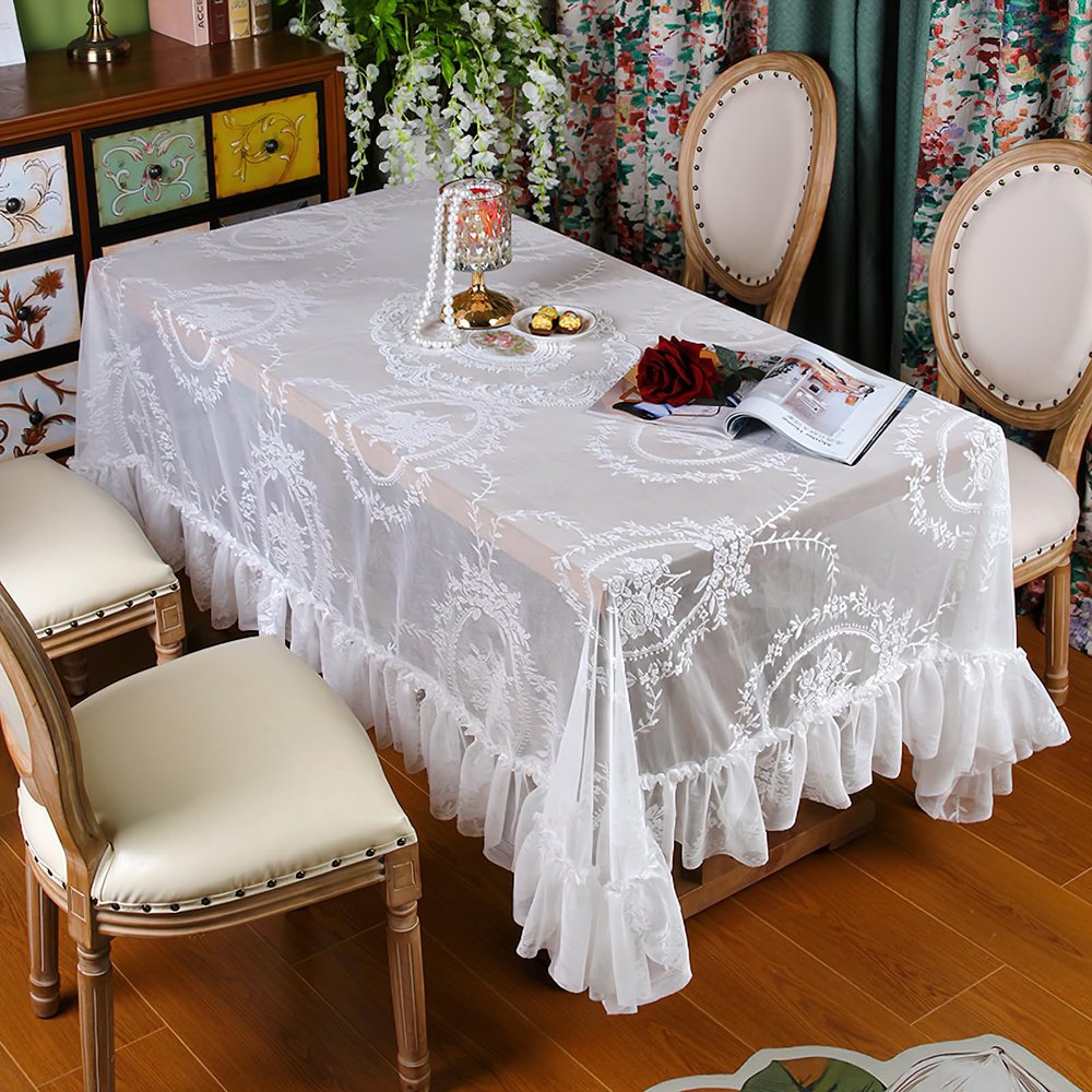 auons Vintage White Lace Tablecloth with Flowers, Embroidered Ruffles Table Cloth for Rectangle Tables, French Rustic Elegant Chic Table Cover for Wedding Party Banquet, 60x87inch