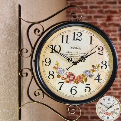 LIPJIA Wall Clock,Wrought Iron Antique-Look Brown Round Wall Hanging Double Sided Two Faces Retro Station Clock Round Chandelier Wall Hanging Clock Home Dcor Wall Clock