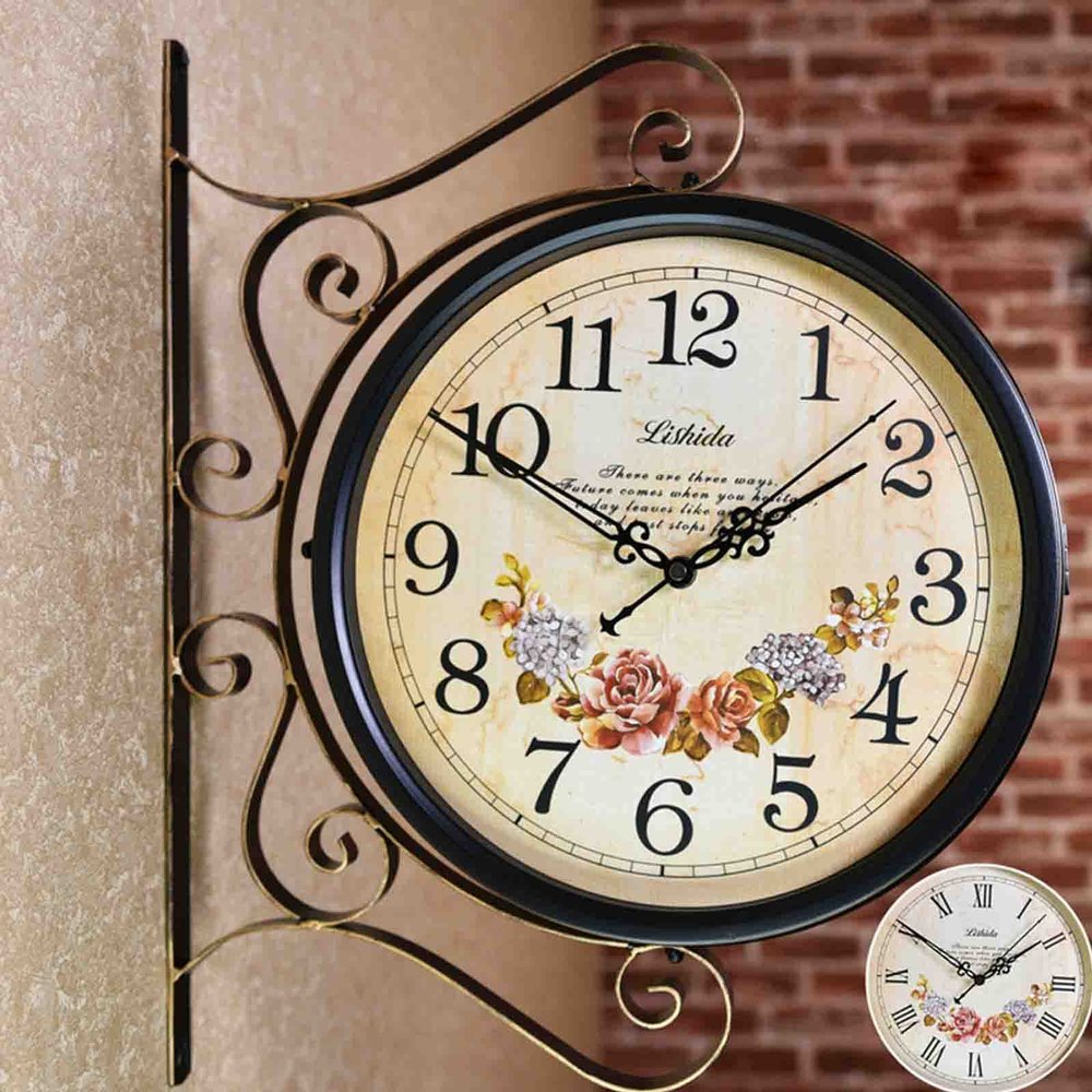 LIPJIA Wall Clock,Wrought Iron Antique-Look Brown Round Wall Hanging Double Sided Two Faces Retro Station Clock Round Chandelier Wall Hanging Clock Home Dcor Wall Clock