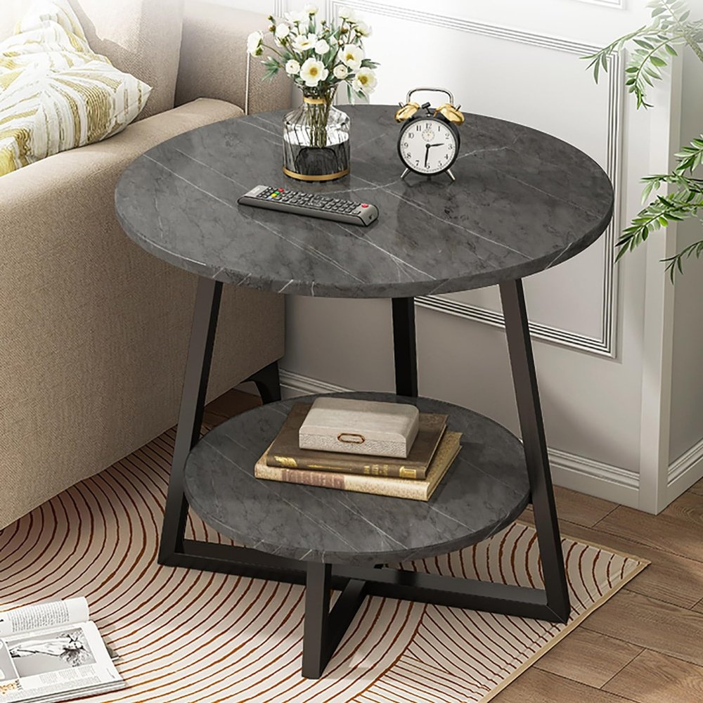 CMYAOYC Round Small End Table Marble Texture Top, Metal Frame, 2-Tier Coffee End Table for Living Room, Bedroom, Small Spaces, Easy Assembly (Color : Black+Black, Size : 40cm)