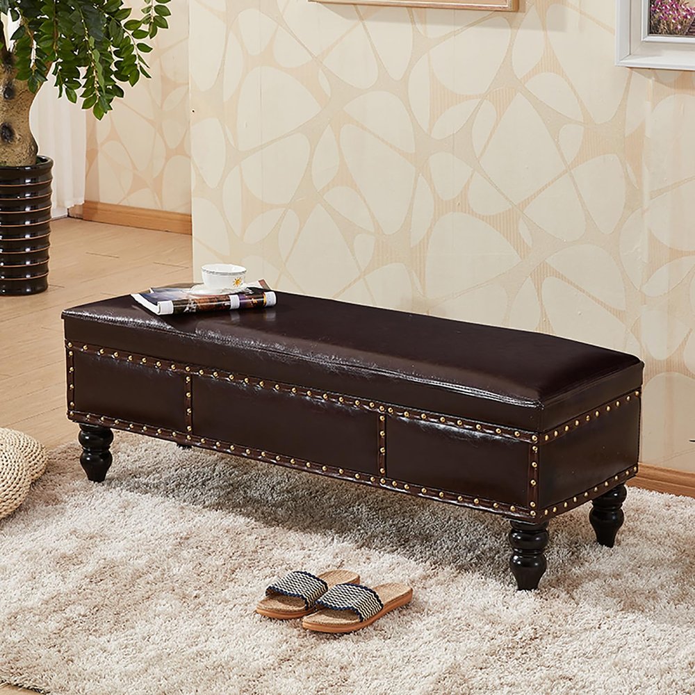 Upholstered Bench with Nailhead Trim,PU Leather Ottoman Bench with Storage,Bed End of Bench for Bedroom,wooden Legs,Entryway Shoe Bench Living Room Footrest Stool(120x40x40cm(47x16x16inch), Coffee)
