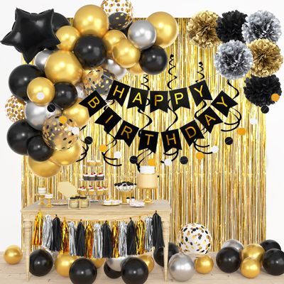 Black and Gold Birthday Party Decorations Kit for Men Women, Cheers Beer Confetti Black Gold Balloon Happy Birthday Banner Fringe Curtains Swirl Circle Dots Tassels Pom Graduation 30th 40th 50th Him