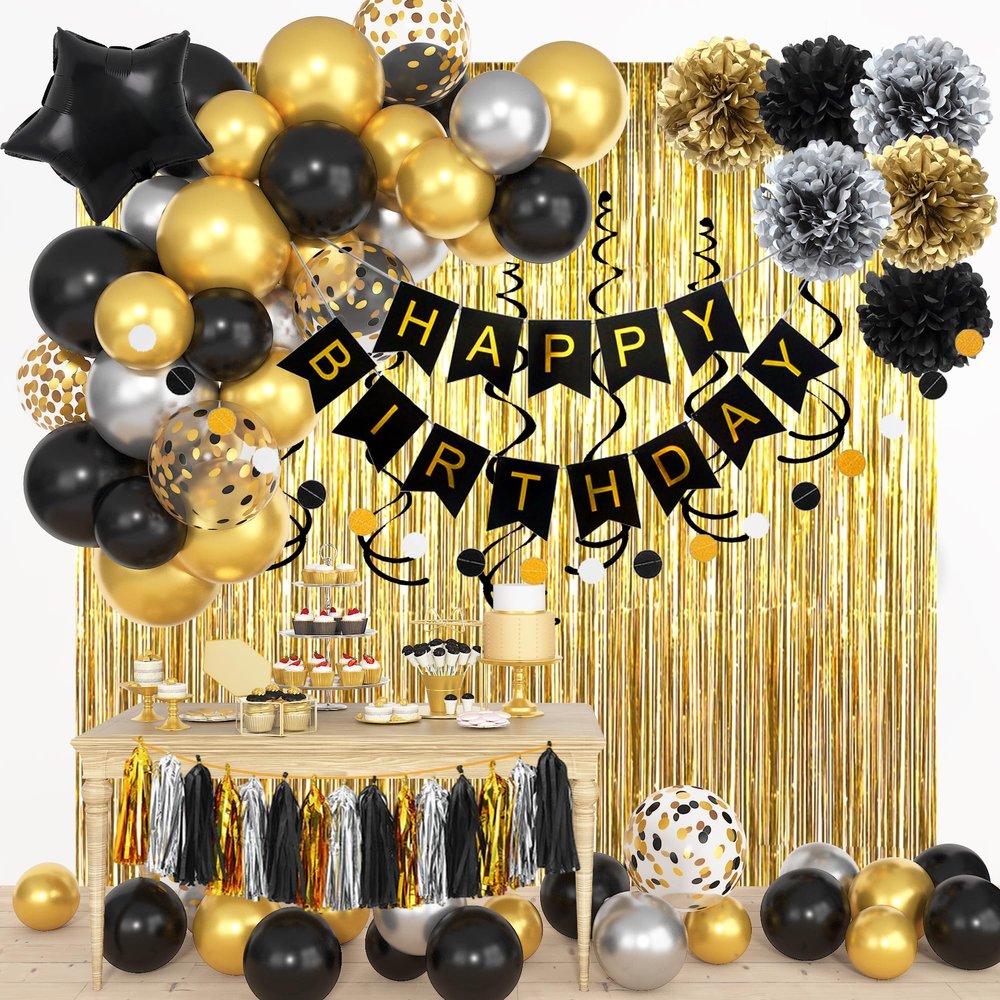 Black and Gold Birthday Party Decorations Kit for Men Women, Cheers Beer Confetti Black Gold Balloon Happy Birthday Banner Fringe Curtains Swirl Circle Dots Tassels Pom Graduation 30th 40th 50th Him