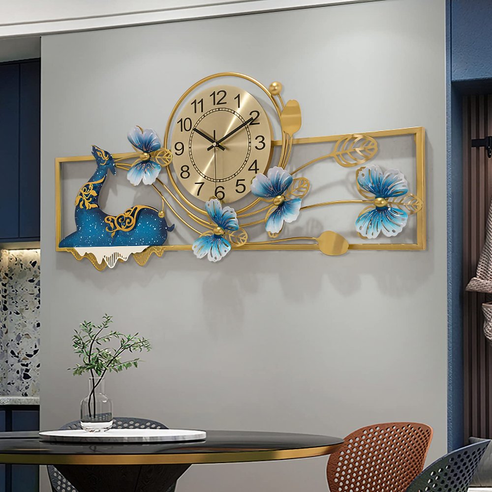 Wall Clock,Large Decorative Deer Wall Watch NonTicking Metal Modern Bird Design Silent Wall Clocks for Living Room Bedroom Dining Room Decor