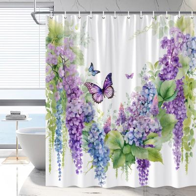 RDRUVA Floral Butterfly Shower Curtain, Purple Garden Scenery, Vine Wisteria Flower Watercolour Painting, Rustic Wildflower Animal Bathroom Decor, Machine Washable with Hooks 70x70IN