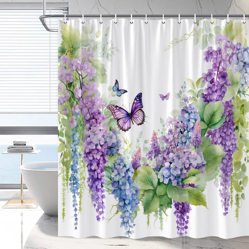 RDRUVA Floral Butterfly Shower Curtain, Purple Garden Scenery, Vine Wisteria Flower Watercolour Painting, Rustic Wildflower Animal Bathroom Decor, Machine Washable with Hooks 70x70IN