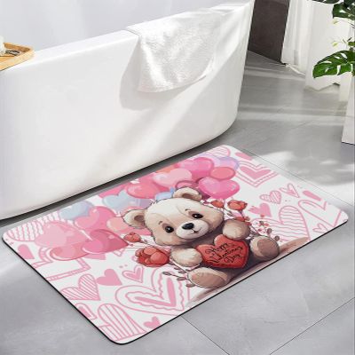 BOSIJOY Bath Mat Absorbent Bathroom Rug,Cartoon Bear Valentine's Day Balloon Non Slip Quick Dry Bath Rugs Diatomite Stone Shower Mat,Romantic Illustration Art Washable Doormat Kitchen Mats 24x36in