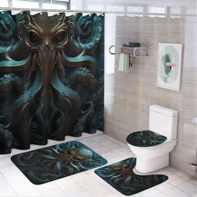 Dunmat Rustic Octopus Shower Curtain Sets for Bathroom, 4 Pieces Dark Sea Animal Patterns Bathroom Decor Set Waterproof Shower Curtains with 12 Hooks Toilet Lid Rug and Bath Mat