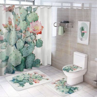 Vintage Cactus Shower Curtain 4 Piece Sets with Non-Slip Rugs,Toilet Lid Cover and Bath Mat Rustic Succulents Beautiful Flowers Waterproof Shower Curtain with 12 Hooks Bathroom Set Home Decor