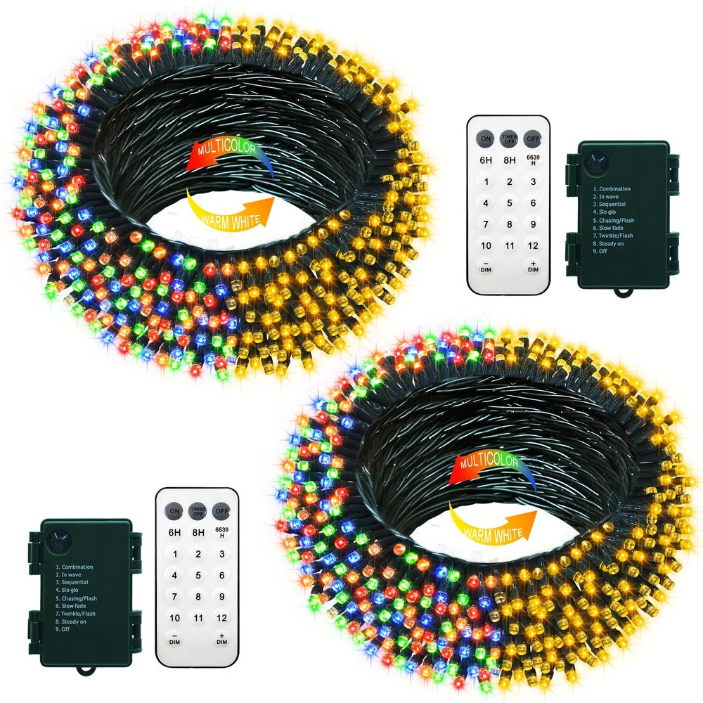 echosari 2 Pack Color Changing String Lights, 33 Ft 100 LED Christmas Fairy Lights Battery Operated Green Wire String Lights with Remote Timer for Bedroom Garden Party Wedding Deco (Multicolor)